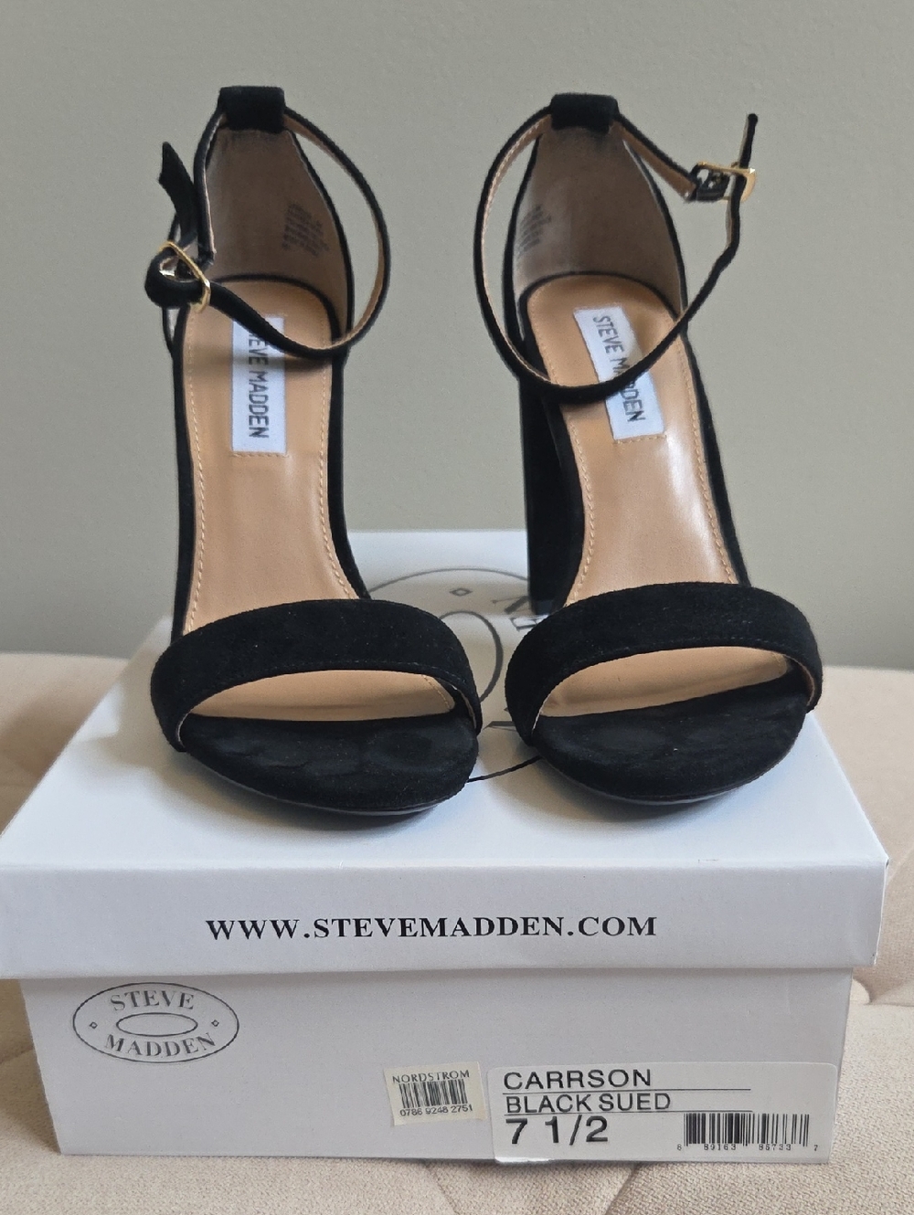 Steve Madden Carrson Black Suede Block Heel Sandals with Ankle Strap 7.5